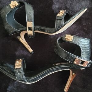 BCBGMaxAzria Black Croc-Textured Stiletto Sandals with Gold Hardware